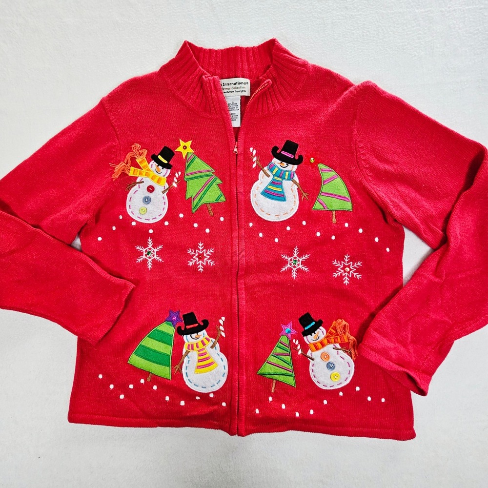 Tiara International Christmas ‎ Snowman Tree Red Zip Up Sweater Womens Large